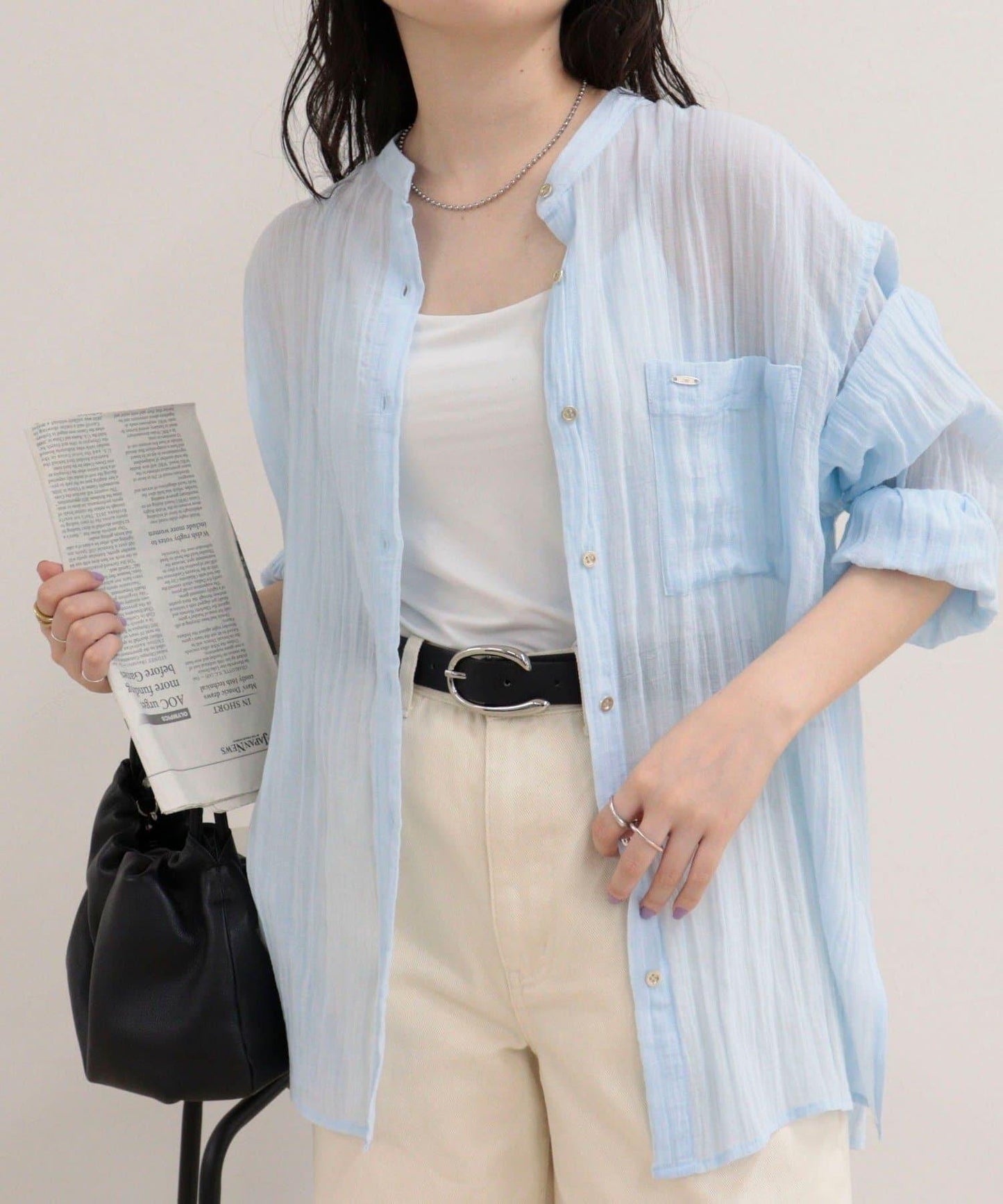 亞麻混楊柳紋立領襯衫