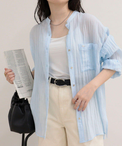 亞麻混楊柳紋立領襯衫