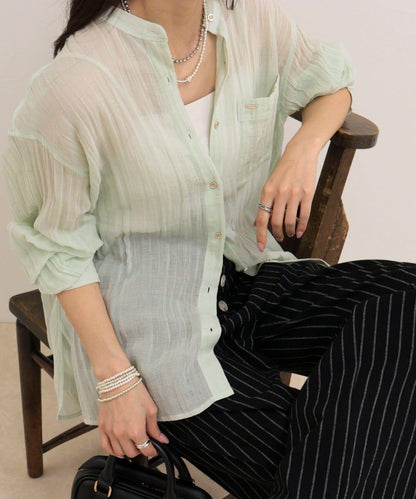 亞麻混楊柳紋立領襯衫