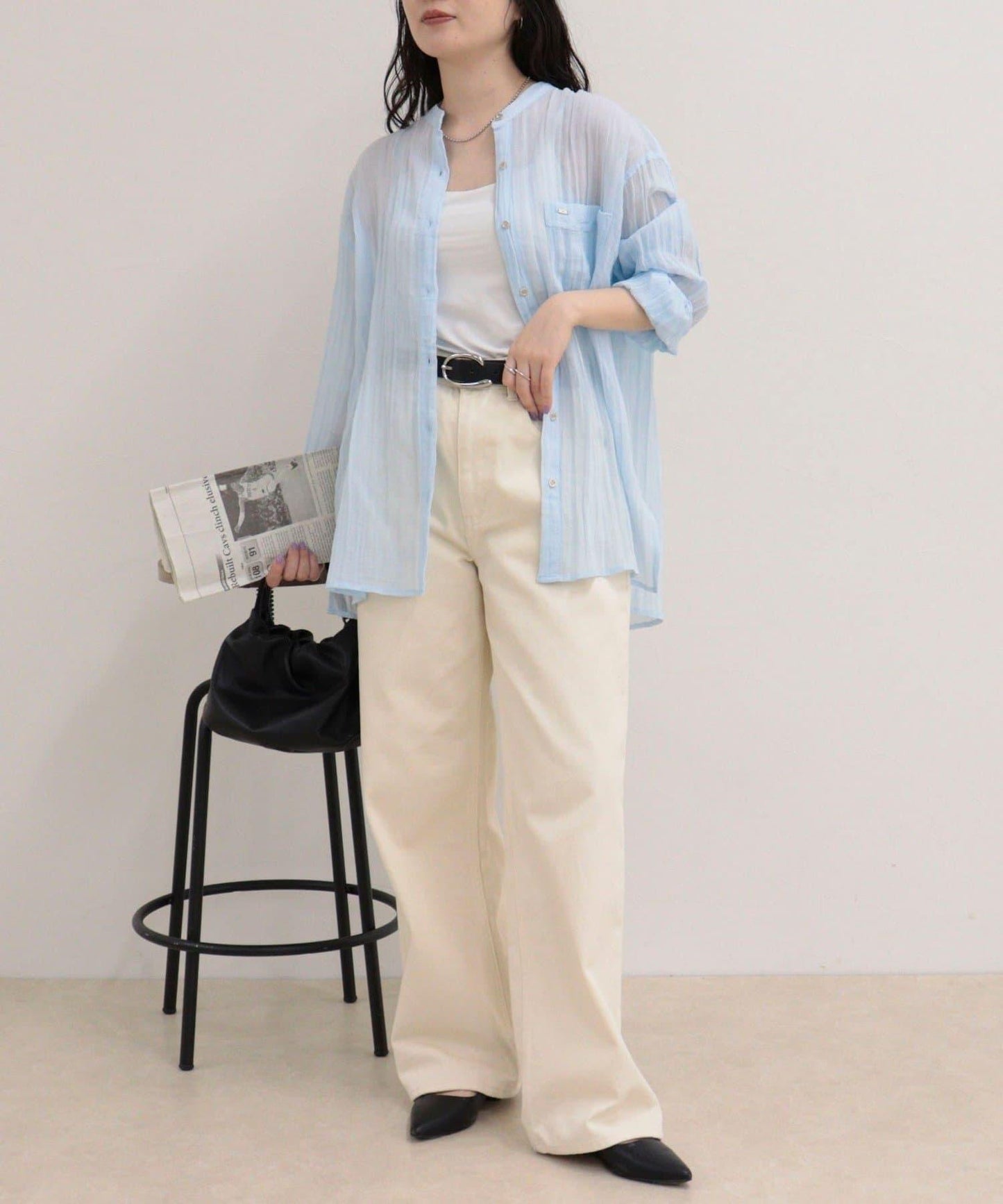 亞麻混楊柳紋立領襯衫