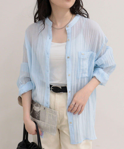 亞麻混楊柳紋立領襯衫