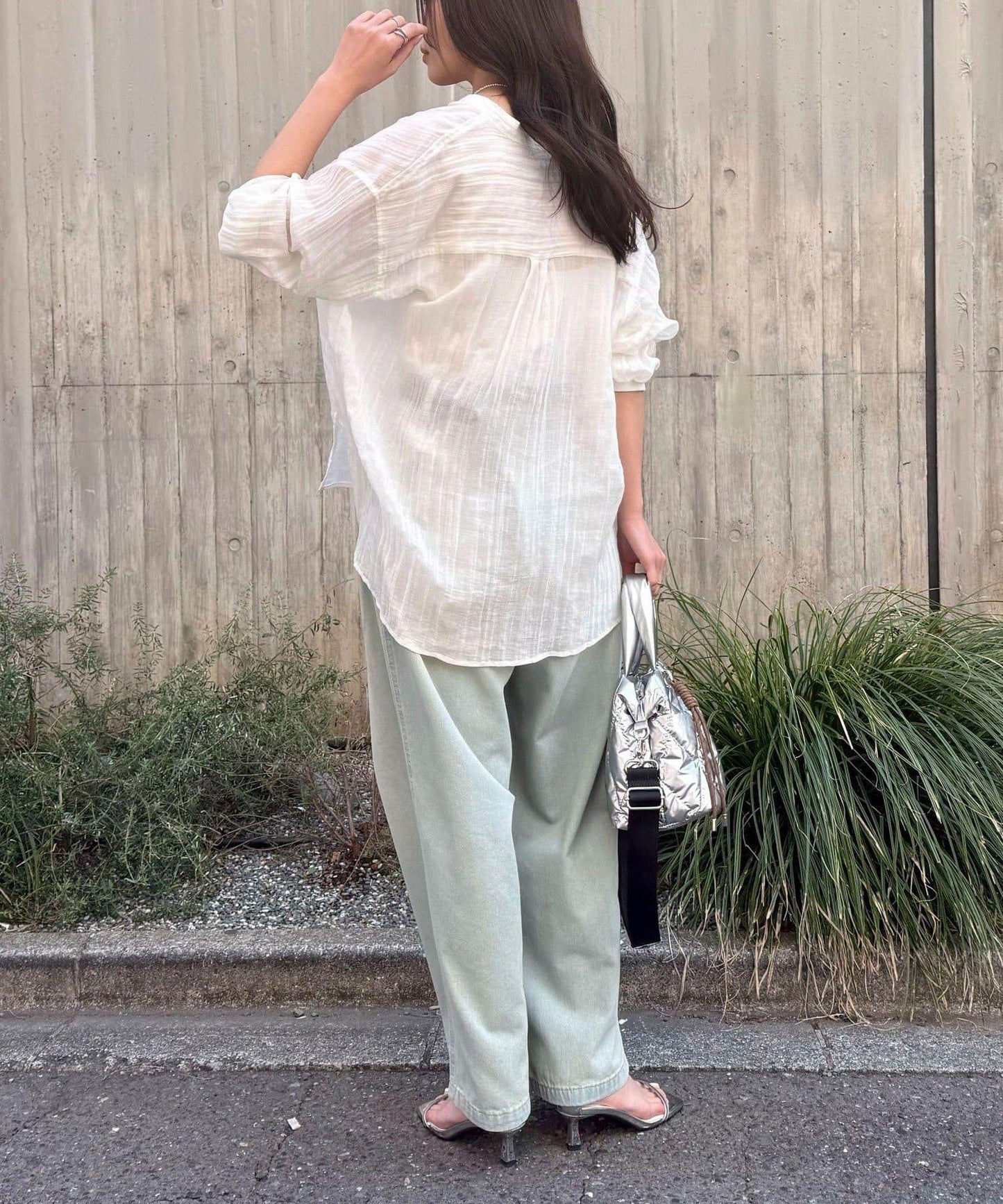亞麻混楊柳紋立領襯衫