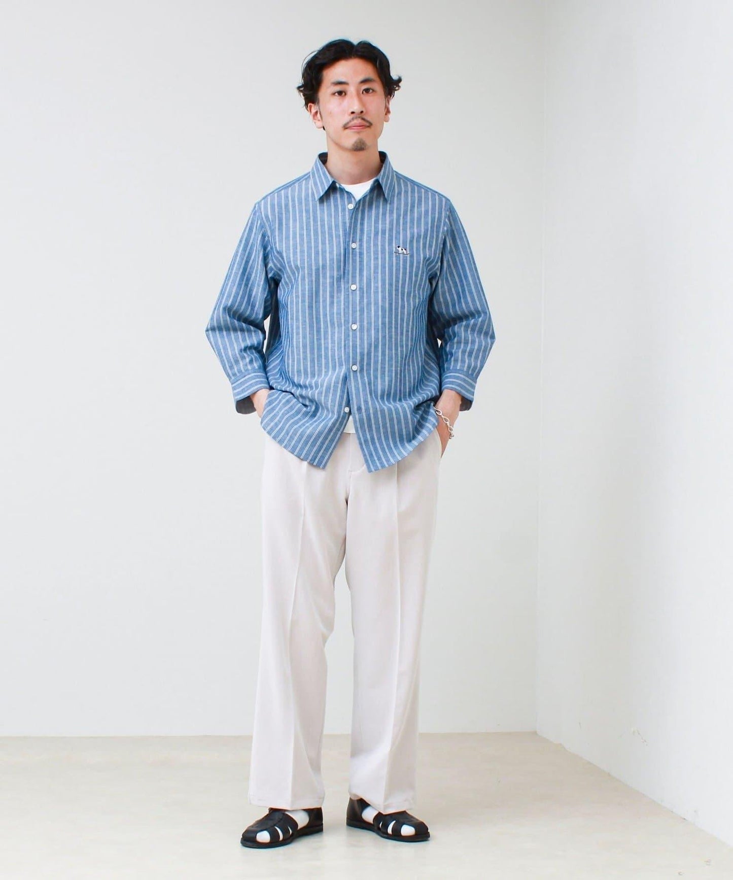 法鬥刺繡 七分袖 條紋/純色襯衫