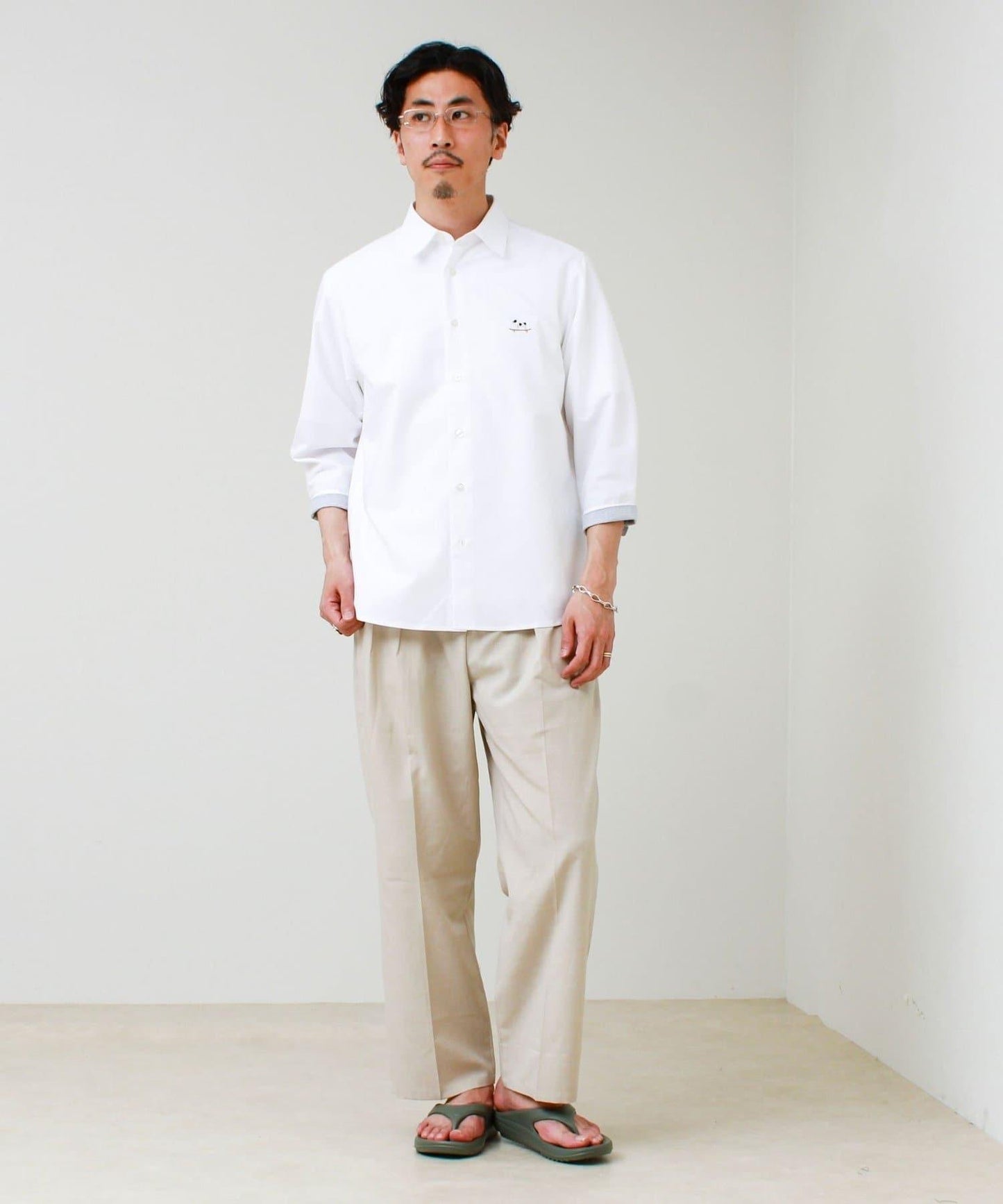 法鬥刺繡 七分袖 條紋/純色襯衫