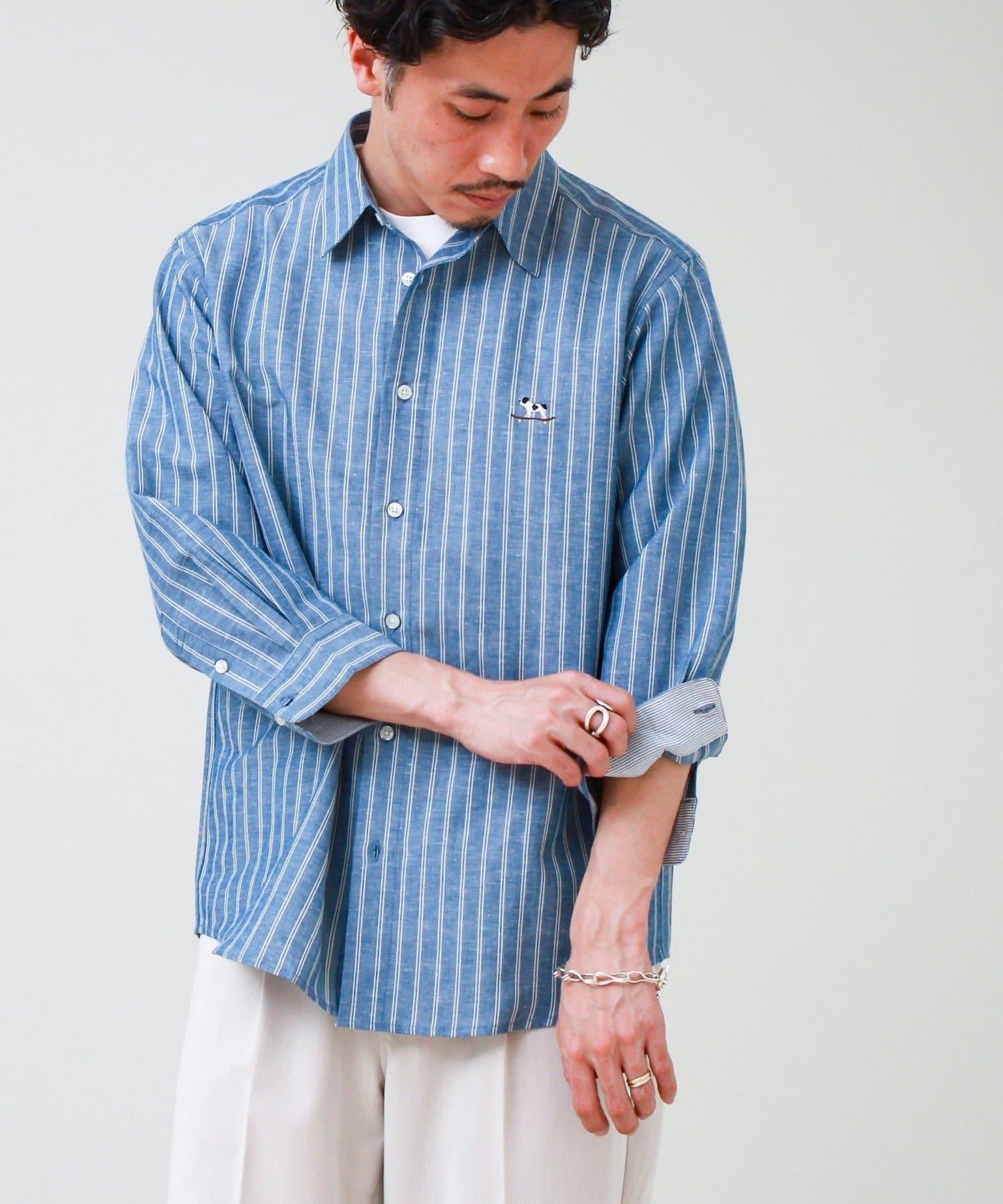 法鬥刺繡 七分袖 條紋/純色襯衫