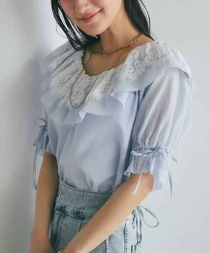 波紋蕾絲領設計襯衫