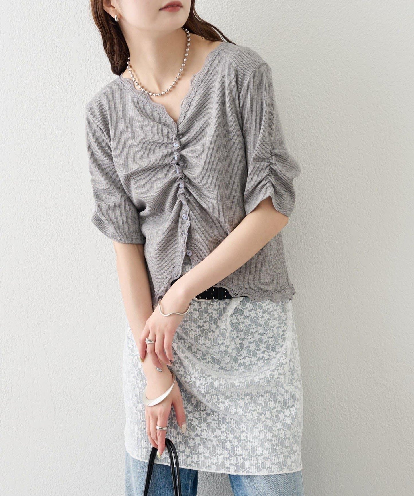 短袖抽褶羅紋針織開衫