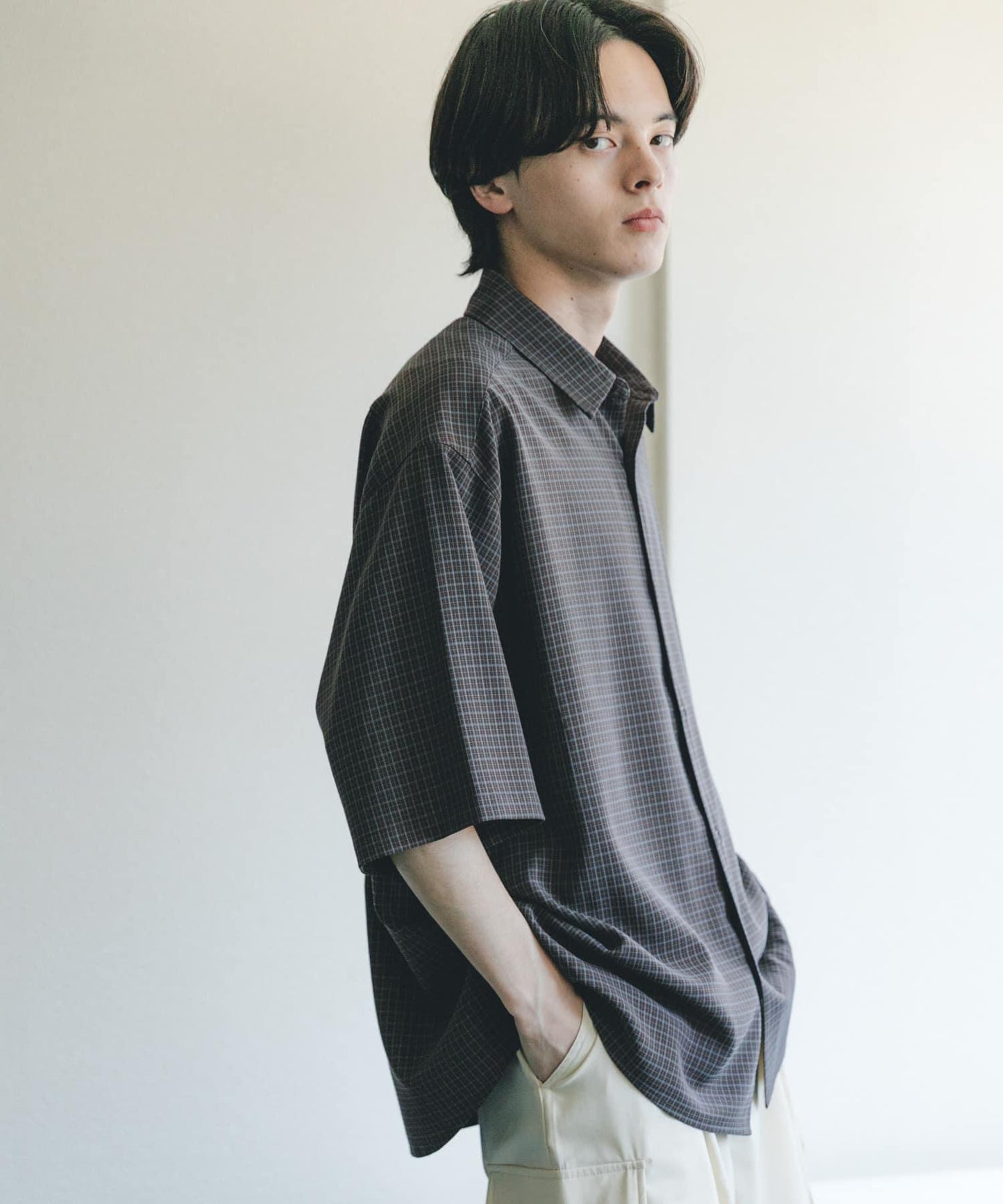 超寬鬆 微格紋 短袖襯衫