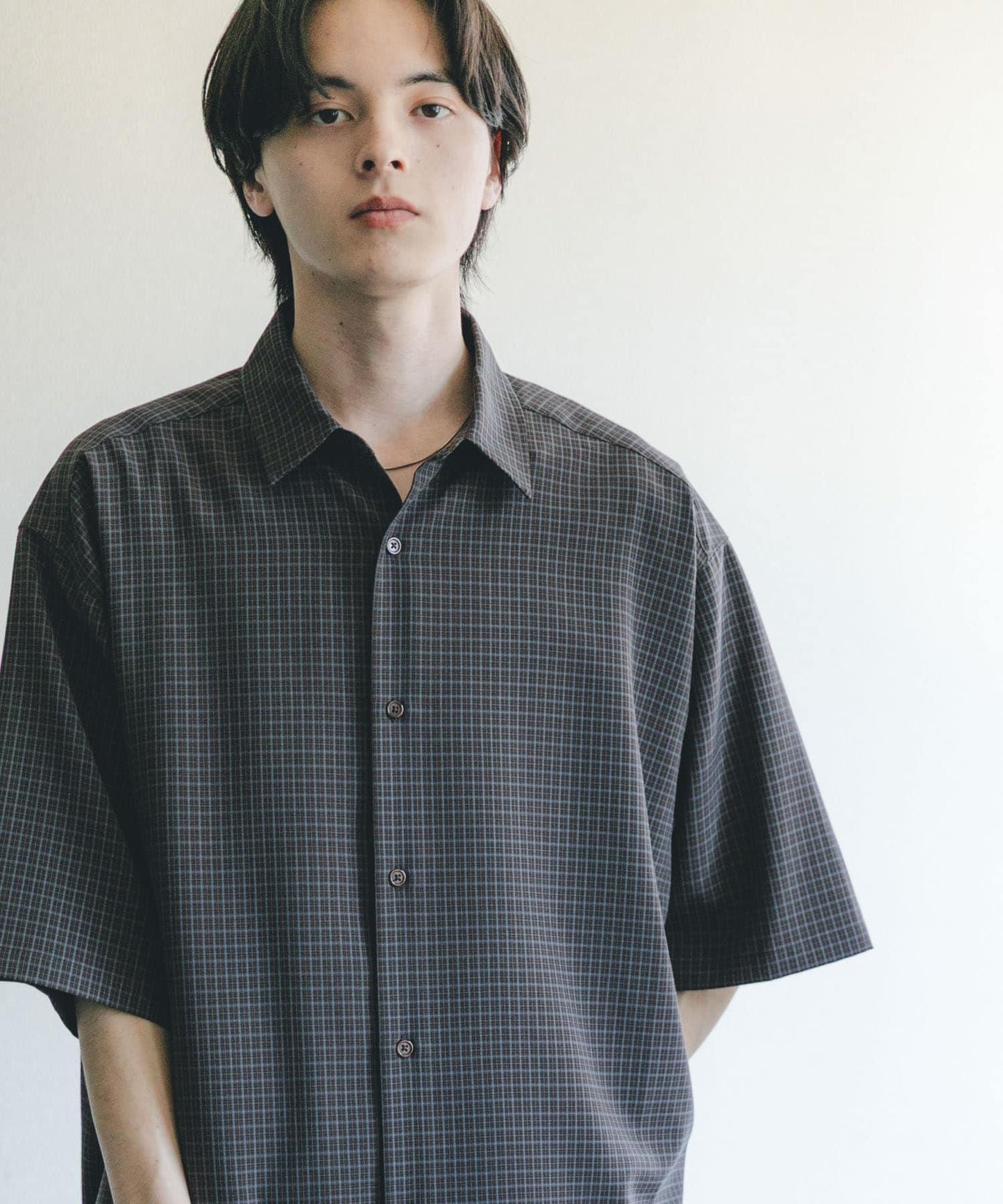 超寬鬆 微格紋 短袖襯衫