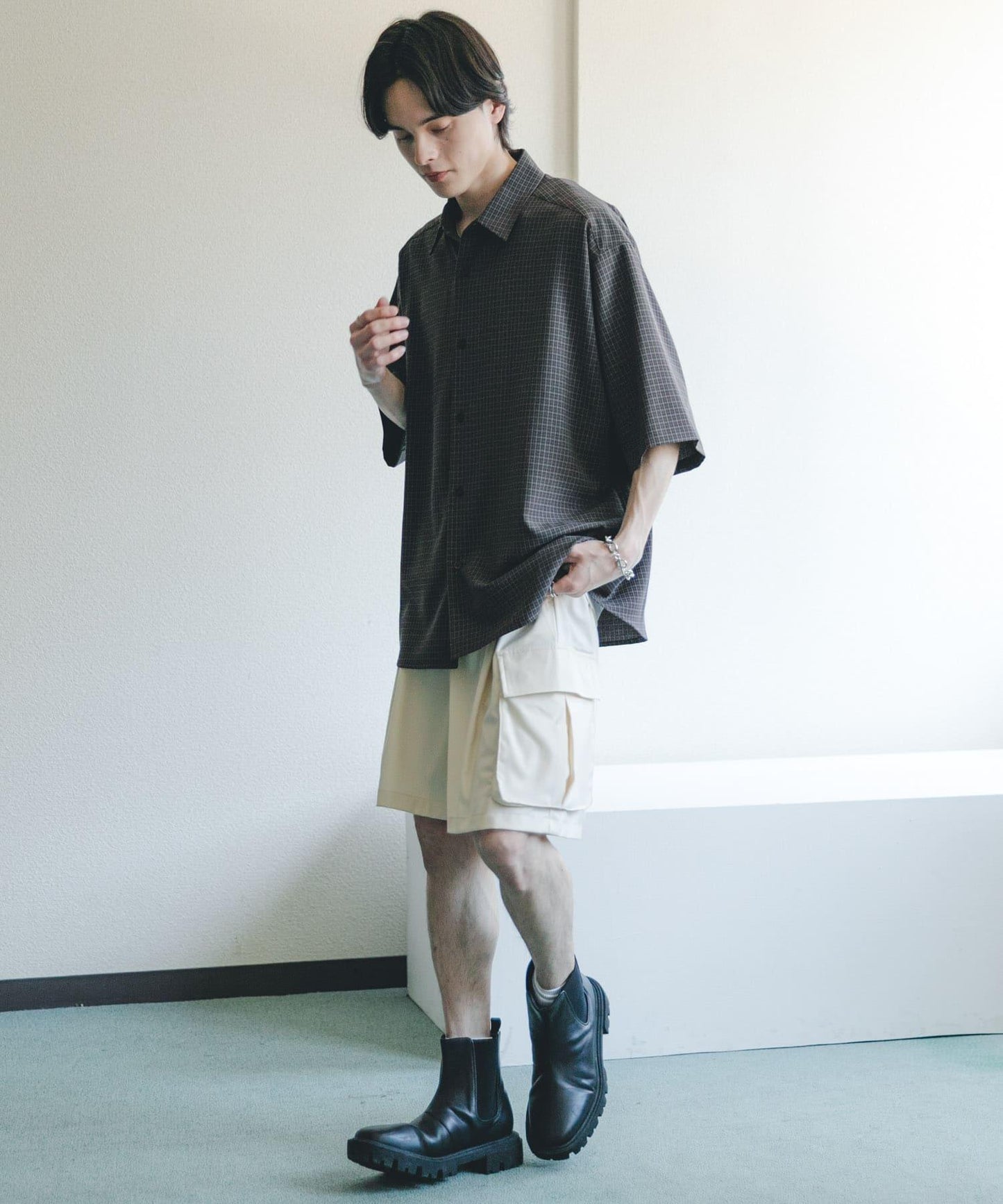 超寬鬆 微格紋 短袖襯衫