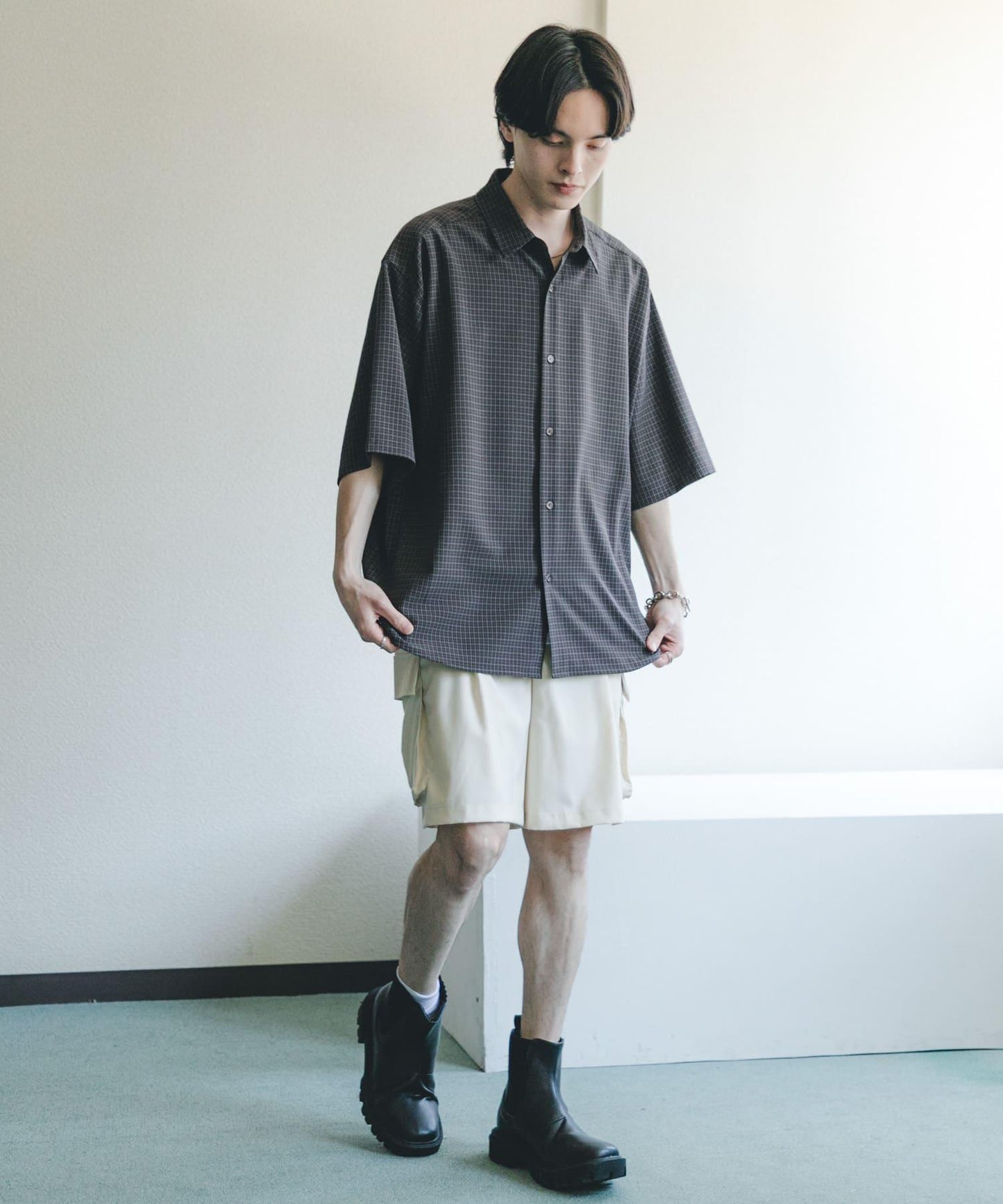 超寬鬆 微格紋 短袖襯衫