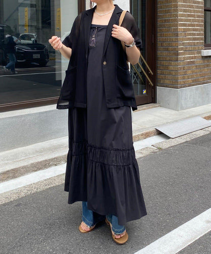 SAKURA企劃 下襬抽褶拼接 吊帶連衣裙