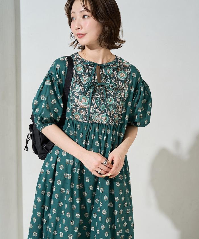 印度風 花卉圖案 前片拼接 連衣裙