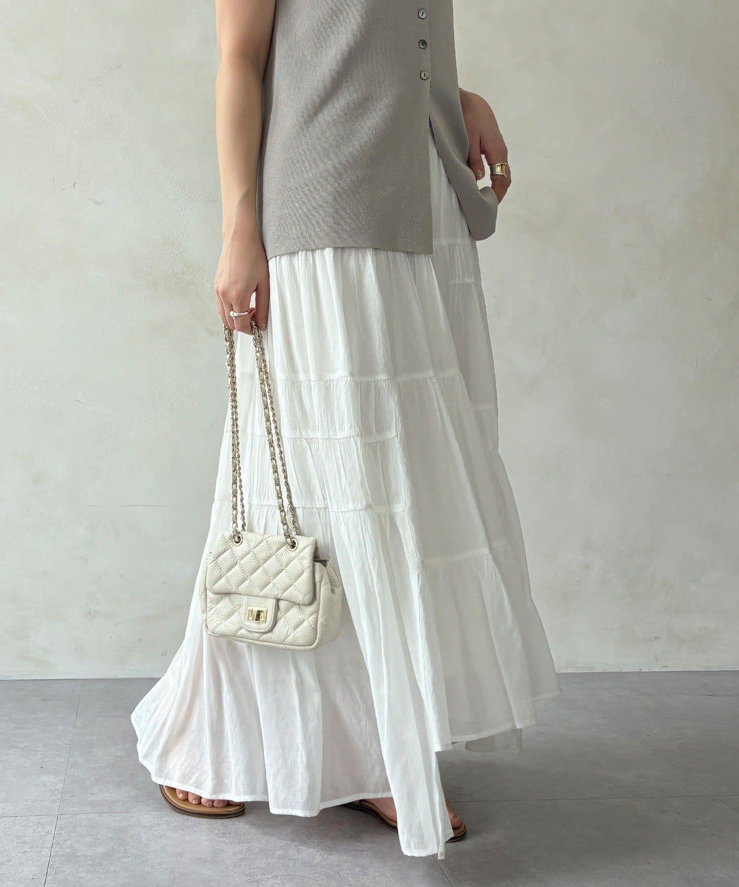 薄紗褶皺拼層半身裙