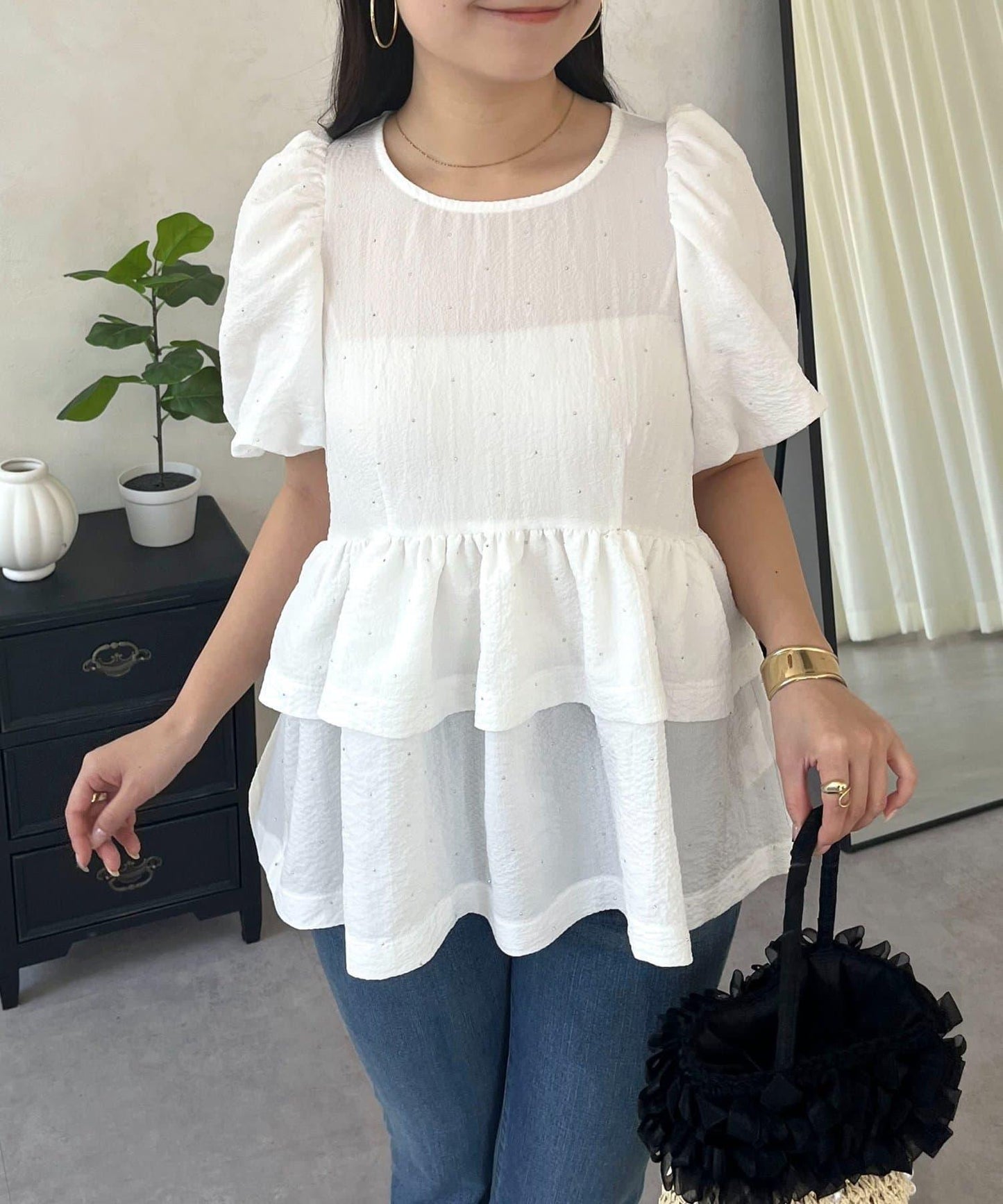 閃亮雙層荷葉邊 荷葉擺 泡泡袖 女襯衫