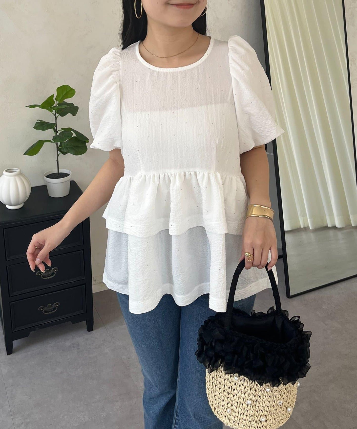 閃亮雙層荷葉邊 荷葉擺 泡泡袖 女襯衫