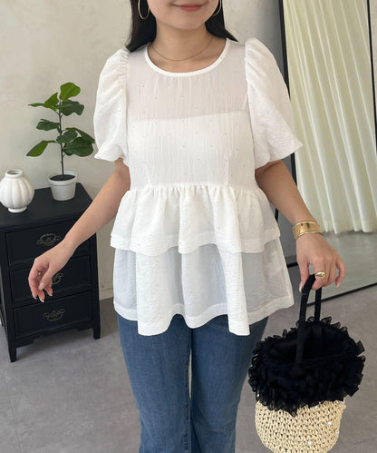 閃亮雙層荷葉邊 荷葉擺 泡泡袖 女襯衫