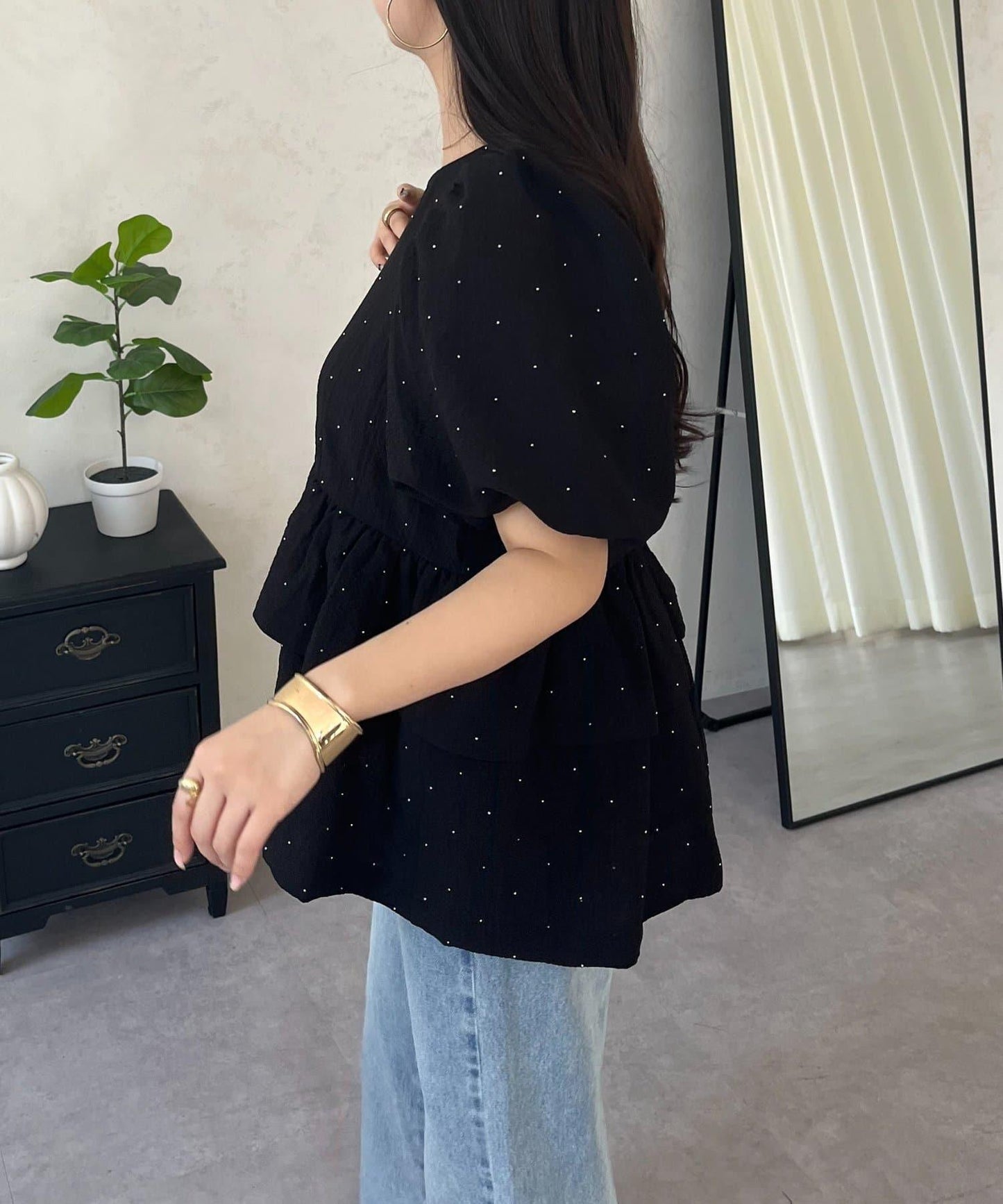閃亮雙層荷葉邊 荷葉擺 泡泡袖 女襯衫
