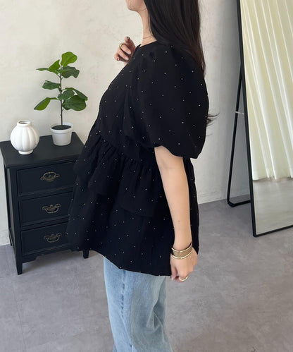 閃亮雙層荷葉邊 荷葉擺 泡泡袖 女襯衫