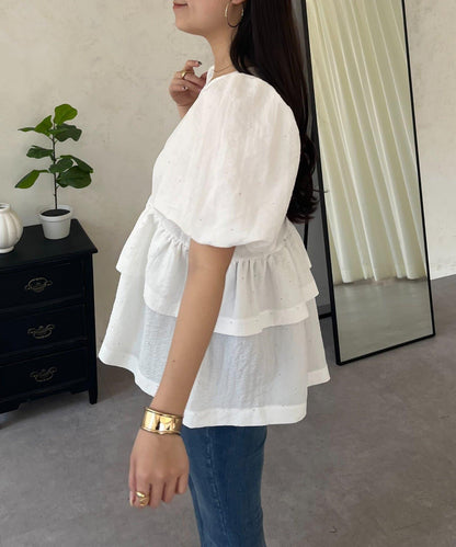 閃亮雙層荷葉邊 荷葉擺 泡泡袖 女襯衫