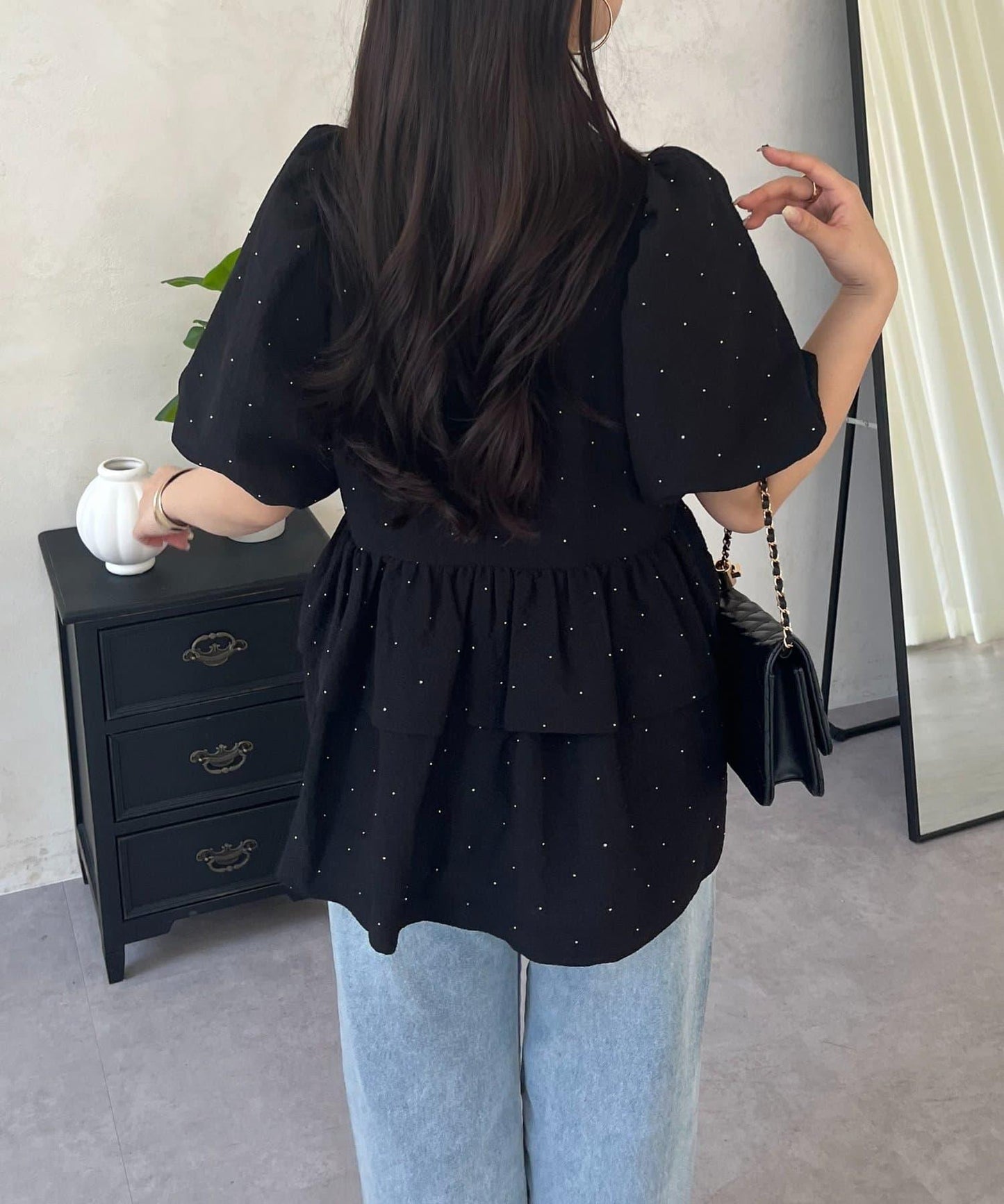 閃亮雙層荷葉邊 荷葉擺 泡泡袖 女襯衫