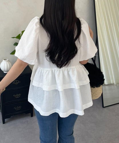 閃亮雙層荷葉邊 荷葉擺 泡泡袖 女襯衫