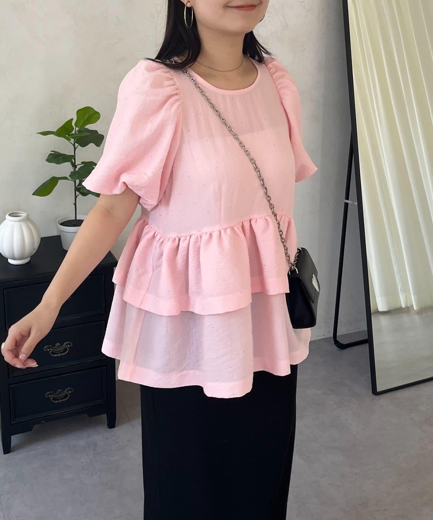 閃亮雙層荷葉邊 荷葉擺 泡泡袖 女襯衫