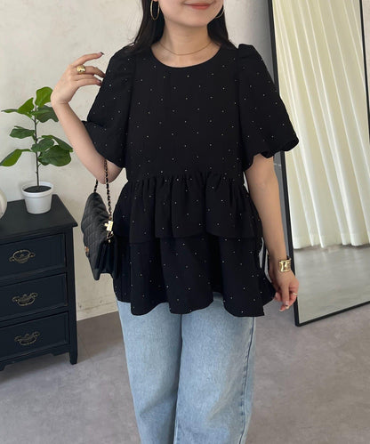 閃亮雙層荷葉邊 荷葉擺 泡泡袖 女襯衫