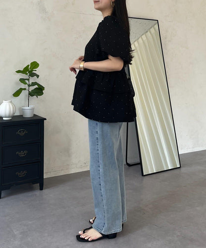 閃亮雙層荷葉邊 荷葉擺 泡泡袖 女襯衫