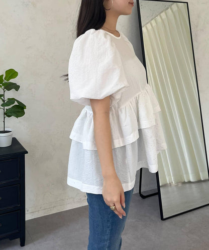 閃亮雙層荷葉邊 荷葉擺 泡泡袖 女襯衫