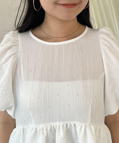 閃亮雙層荷葉邊 荷葉擺 泡泡袖 女襯衫