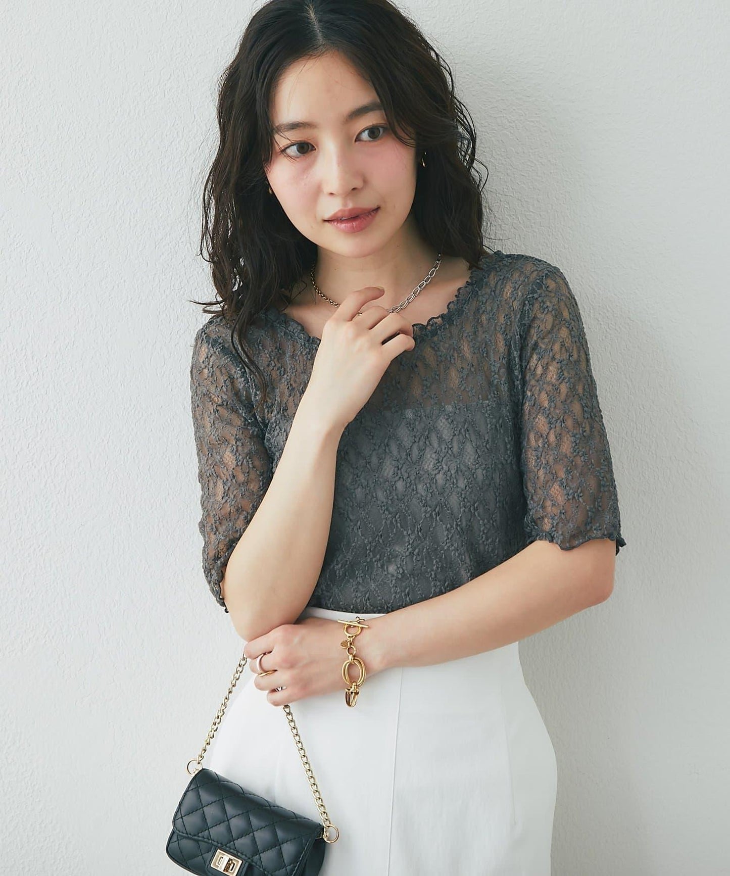 乾爽觸感 蕾絲 前後兩穿 五分袖 上衣