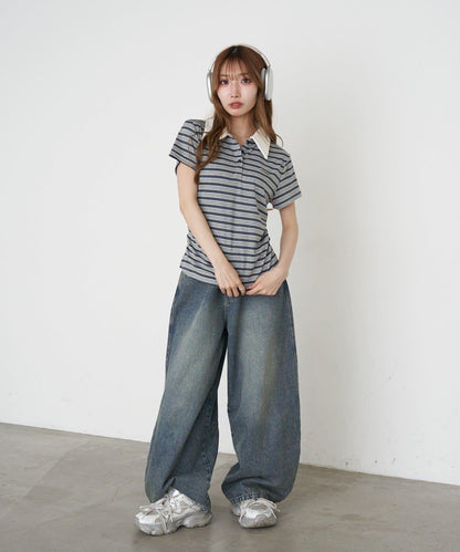 多色條紋 胸部刺繡 短袖 Polo衫