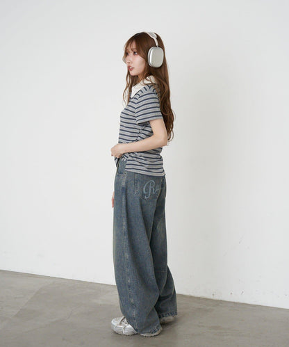 多色條紋 胸部刺繡 短袖 Polo衫