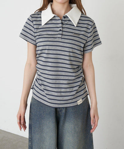 多色條紋 胸部刺繡 短袖 Polo衫
