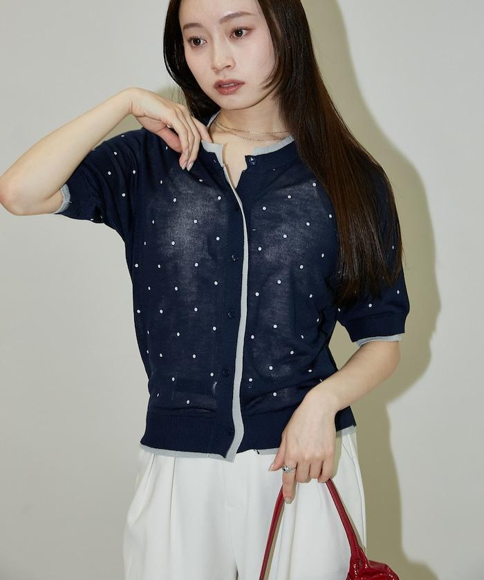 ドット柄 レイヤード風 半袖 ニット カーディガン　限定展開