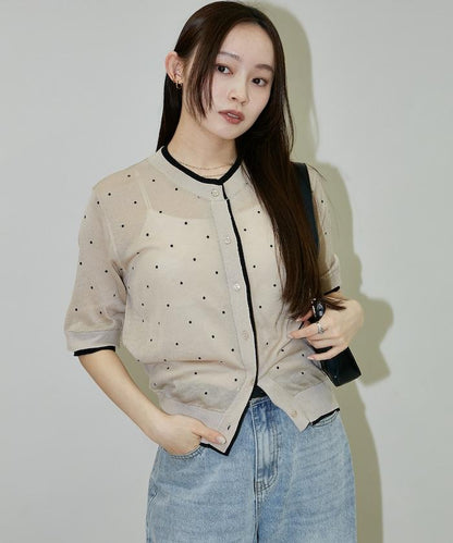 ドット柄 レイヤード風 半袖 ニット カーディガン　限定展開