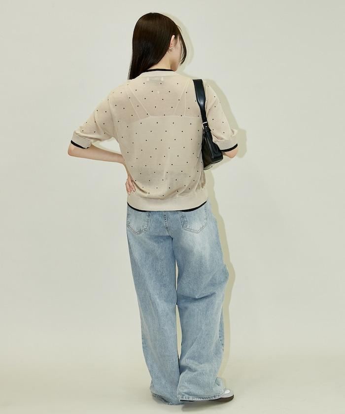 ドット柄 レイヤード風 半袖 ニット カーディガン　限定展開