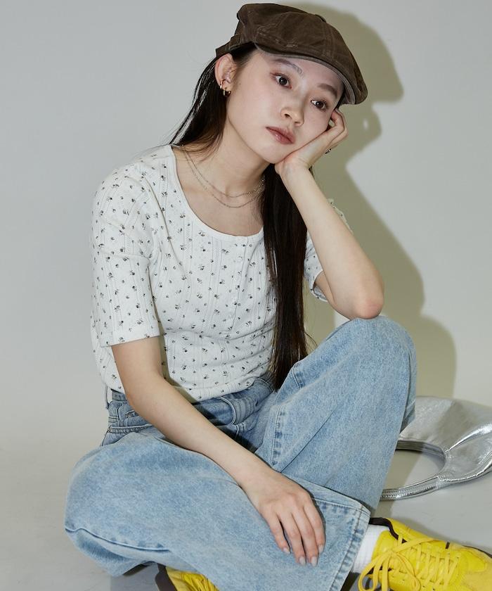 抽針羅紋 花卉圖案 半袖 亨利領 套頭衫