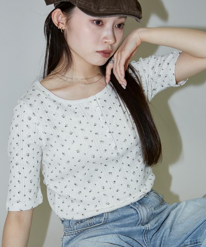 抽針羅紋 花卉圖案 半袖 亨利領 套頭衫