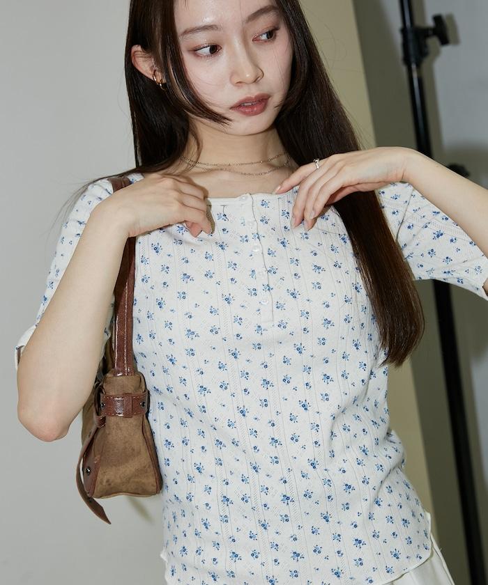 抽針羅紋 花卉圖案 半袖 亨利領 套頭衫