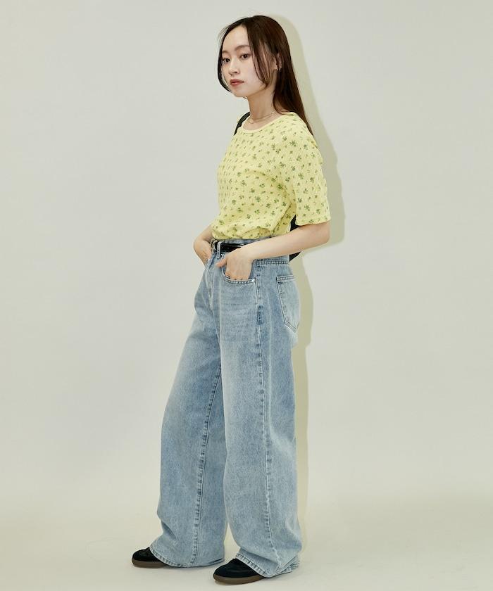 華夫格花朵圖案短袖套頭上衣