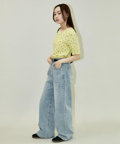 華夫格花朵圖案短袖套頭上衣