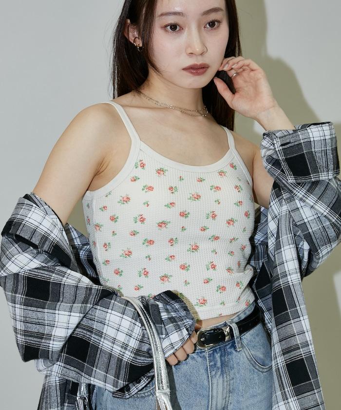 華夫格花卉 短款 內置胸墊 吊帶背心