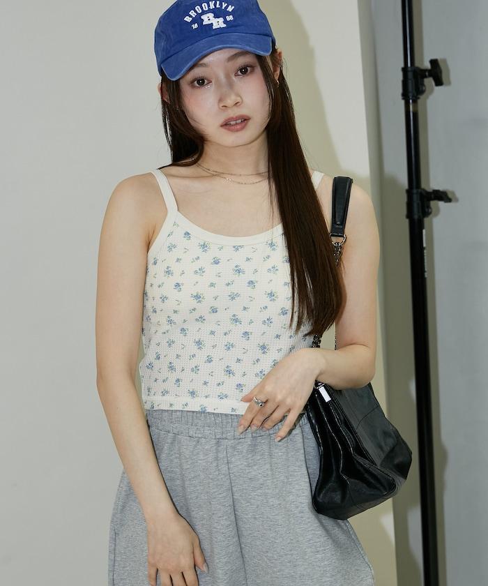 華夫格花卉 短款 內置胸墊 吊帶背心