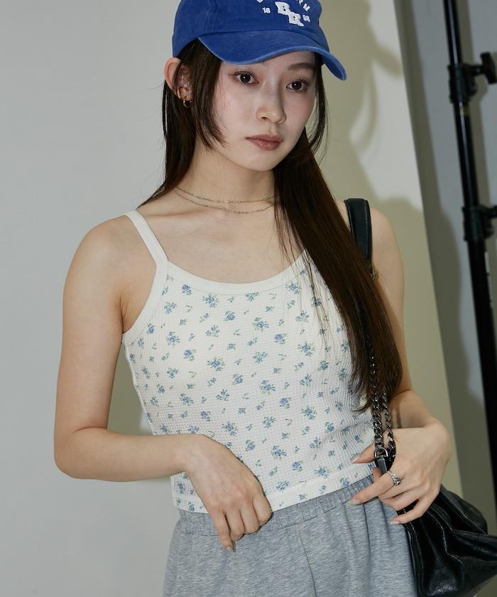 華夫格花卉 短款 內置胸墊 吊帶背心