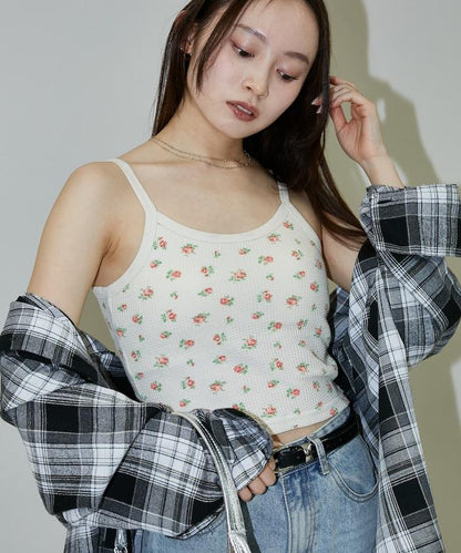 華夫格花卉 短款 內置胸墊 吊帶背心