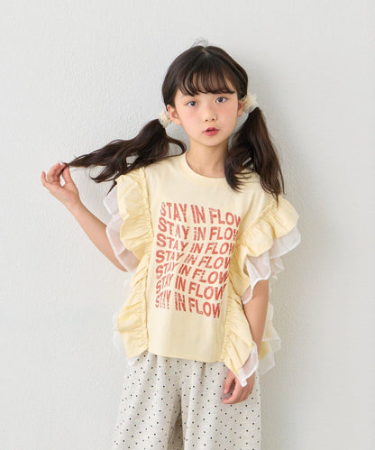 KIDS 拼接薄紗荷葉邊字母印花T恤