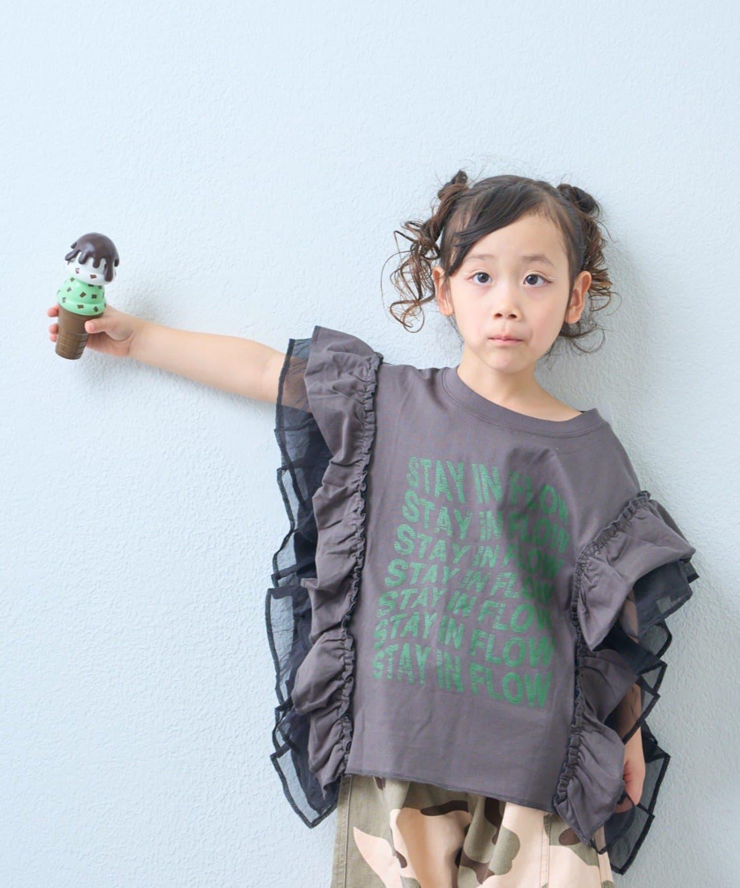 KIDS 拼接薄紗荷葉邊字母印花T恤