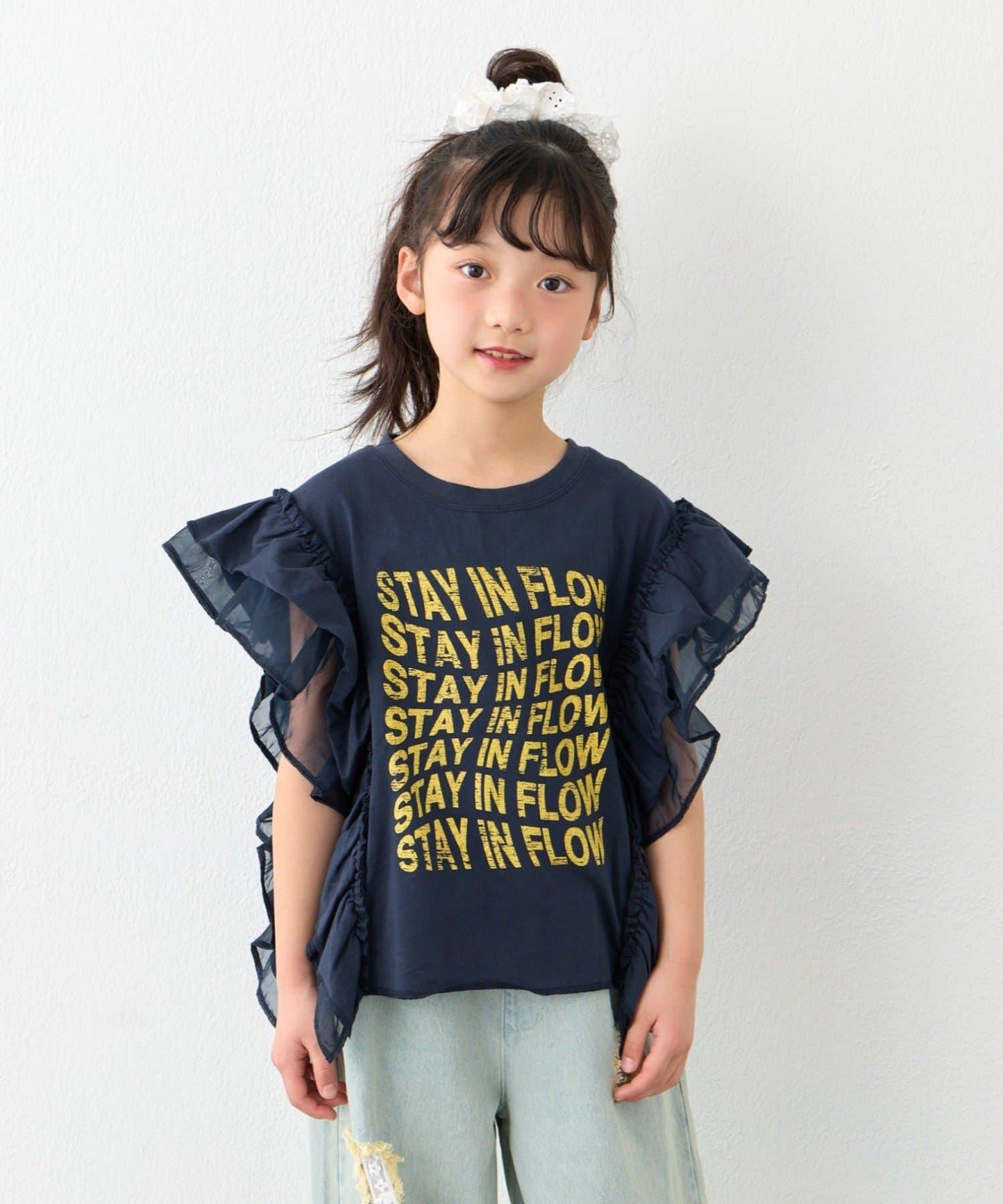 KIDS 拼接薄紗荷葉邊字母印花T恤